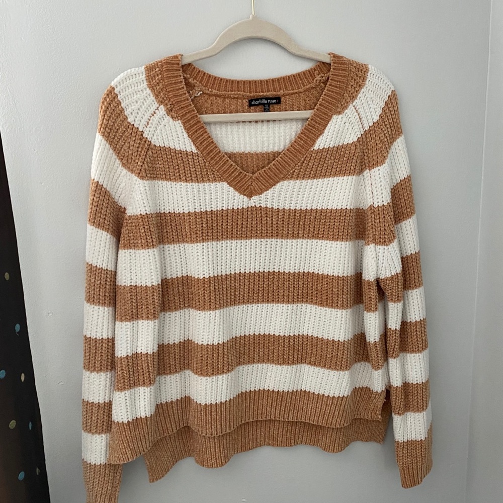 Women’s Yellow/ White Striped Vneck Sweater